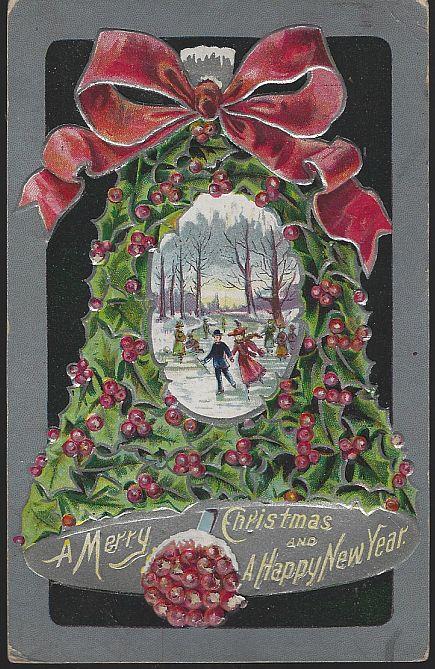 MERRY CHRISTMAS AND HAPPY NEW YEAR POSTCARD WITH HOLLY BELL AND ICE SKATERS