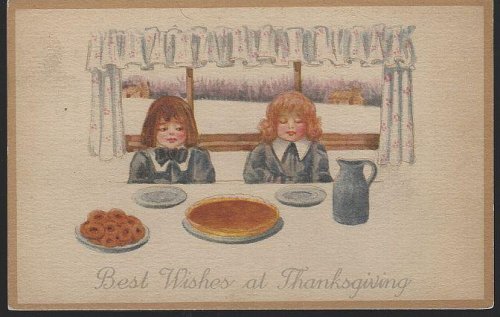 BEST WISHES THANKSGIVING POSTCARD WITH BOY AND GIRL WITH PIE