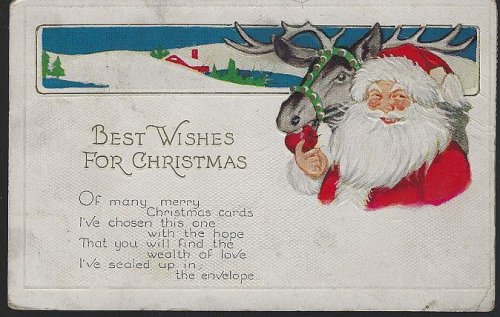 BEST WISHES FOR CHRISTMAS POSTCARD WITH SANTA CLAUS AND REINDEER