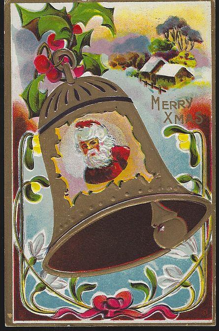 MERRY CHRISTMAS POSTCARD WITH SANTA CLAUS IN BELL
