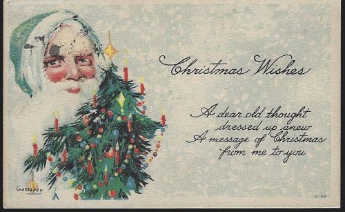 CHRISTMAS WISHES POSTCARD WITH GREEN SANTA CLAUS AND TREE