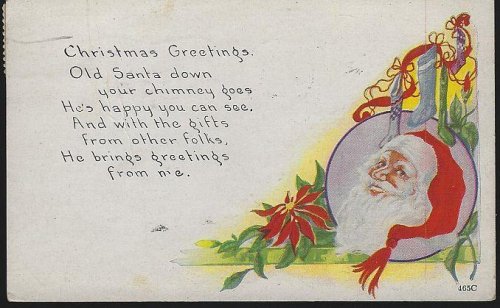 CHRISTMAS GREETINGS POSTCARD WITH SANTA CLAUS AND STOCKINGS