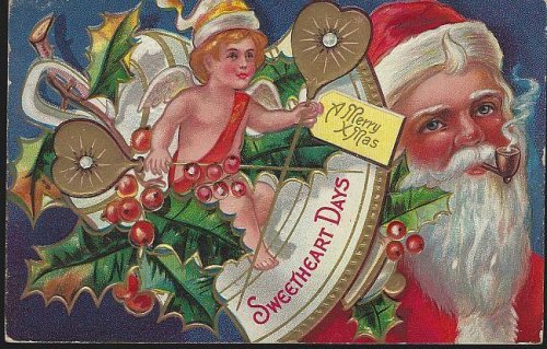 MERRY CHRISTMAS SWEETHEART DAYS POSTCARD WITH SANTA CLAUS AND CHERUB