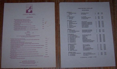 VINTAGE MENU AND WINE LIST FROM CHEZ MICHEL RESTAURANT
