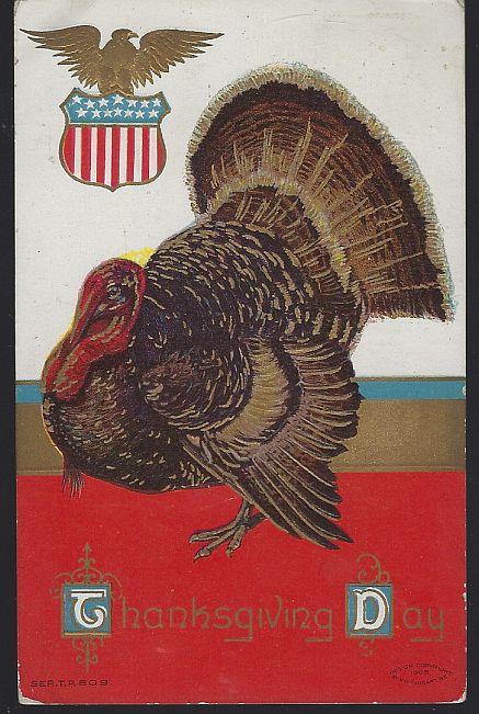 THANKSGIVING DAY POSTCARD WITH LARGE TURKEY