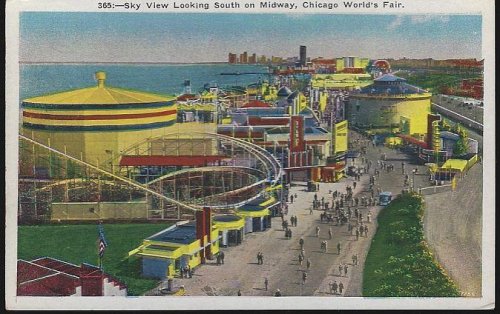 SKY VIEW LOOKING SOUTH ON MIDWAY, A CENTURY OF PROGRESS, INTERNATIONAL EXPOSITION 1933, CHICAGO, ILLINOIS