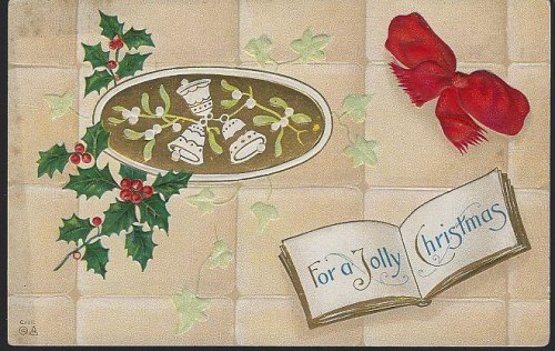 JOLLY CHRISTMAS POSTCARD WITH RED BOW AND BELLS