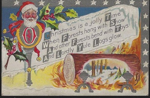 CHRISTMAS POSTCARD WITH SANTA CLAUS AND YULE LOG
