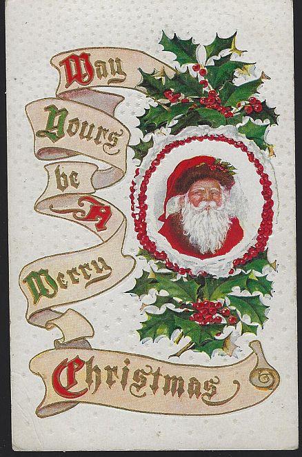 MERRY CHRISTMAS POSTCARD WITH SANTA CLAUS WITH HOLLY