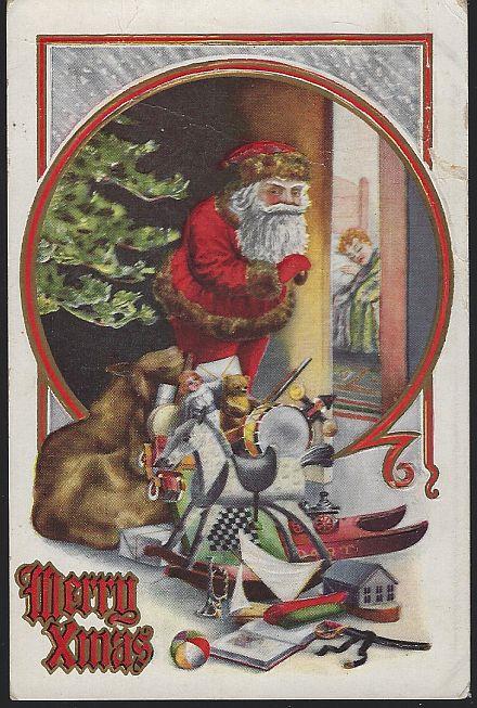 MERRY XMAS POSTCARD WITH SANTA CLAUS LEAVING TOYS UNDER THE TREE