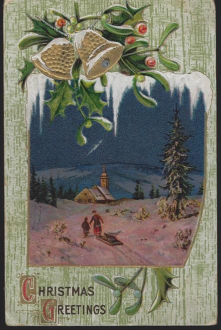 CHRISTMAS GREETINGS POSTCARD WITH TWO PEOPLE SLEDDING TO SNOWY CHURCH