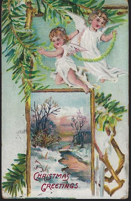 CHRISTMAS GREETINGS POSTCARD WITH ANGELS AND SNOWY LANDSCAPE