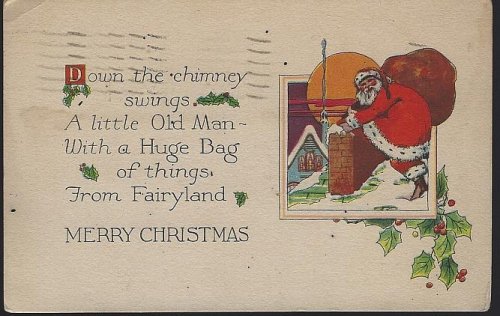 MERRY CHRISTMAS POSTCARD WITH SANTA CLAUS DOWN THE CHIMNEY