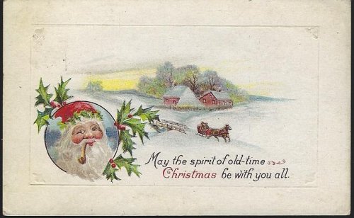 CHRISTMAS POSTCARD WITH SANTA CLAUS AND SNOWY LANDSCAPE