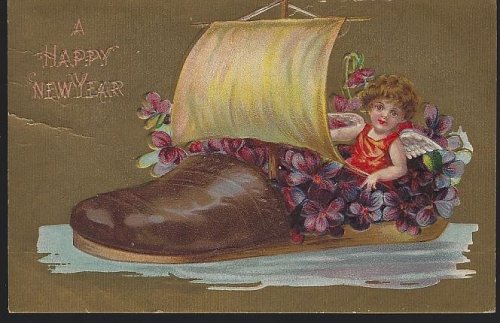 HAPPY NEW YEAR POSTCARD WITH CHERUB SAILING FLOWER FILLED SHOE