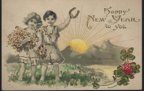 HAPPY NEW YEAR POSTCARD WITH CUTE GOOD LUCK CHILDREN