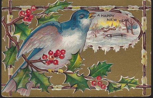 HAPPY NEW YEAR POSTCARD WITH BLUE BIRD ON HOLLY BRANCH