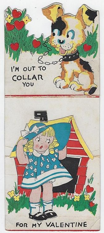 VINTAGE VALENTINE WITH LITTLE GIRL AND DOG IN DOG HOUSE