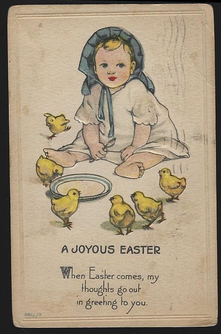 JOYOUS EASTER POSTCARD WITH CUTE CHILD AND CHICKS