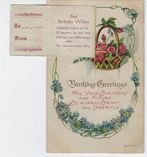 BIRTHDAY POSTCARD WITH BASKET OF FLOWERS AND ATTACHED GIFT CARD WITH POEM