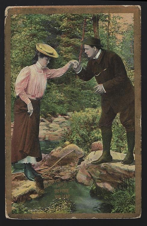POSTCARD OF HIKING COUPLE, ALWAYS LOOK BEFORE YOU LEAP
