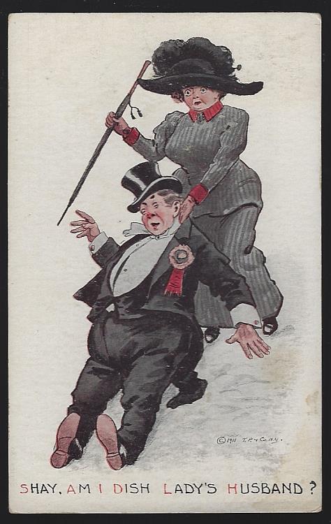POSTCARD OF WIFE DRAGGING DRUNK HUSBAND