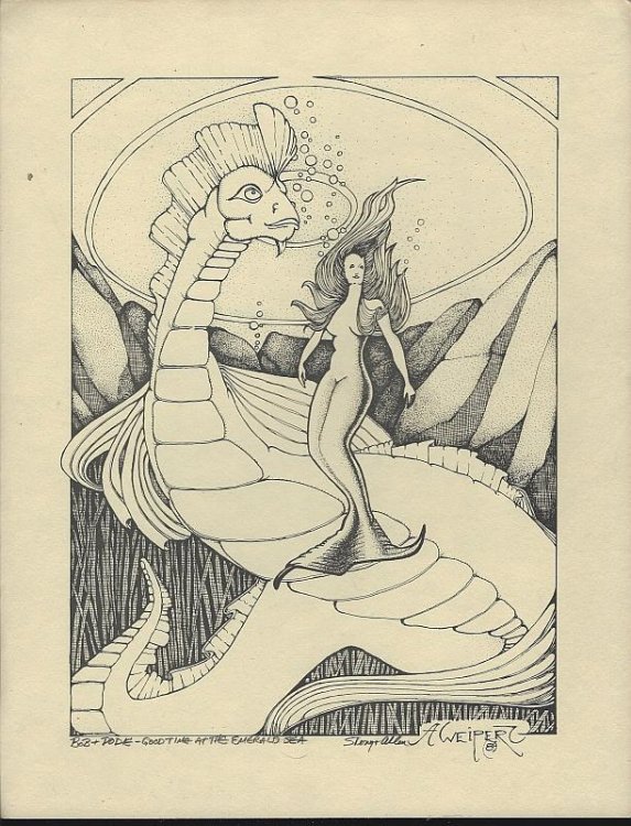 SIGNED ALLEN WEIPERT FANTASY PRINT WITH MERMAID AND SEA MONSTER