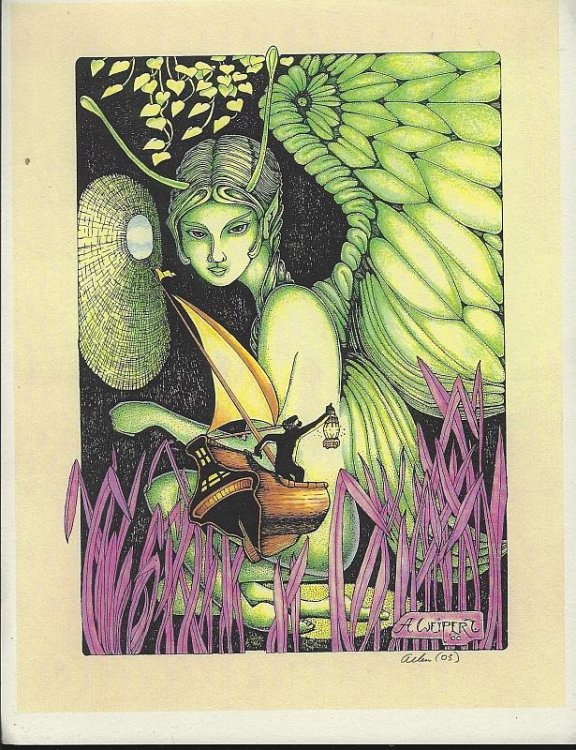 SIGNED ALLEN WEIPERT FANTASY PRINT WITH MOTH LADY WITH SAILOR HOLDING LANTERN