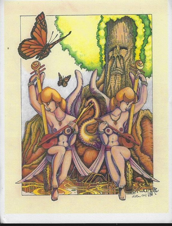 SIGNED ALLEN WEIPERT FANTASY PRINT WITH TWO WOMEN PLAYING INSTRUMENTS