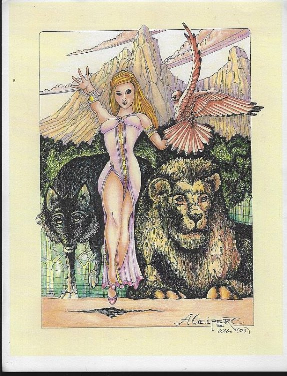 SIGNED ALLEN WEIPERT FANTASY PRINT WITH LADY WITH WOLF, LION, AND HAWK