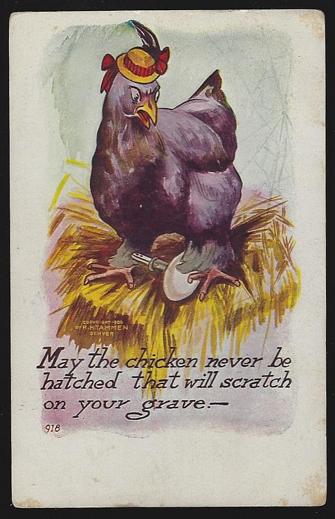 HEN SITTING ON AN EGG WITH A KNIFE IN IT