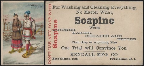 VICTORIAN TRADE CARD FOR SOAPINE WITH COUPLE SNOWSHOEING