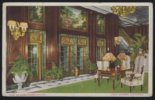 LOBBY SHOWING ELEVATORS, THE BLACKSTONE, CHICAGO, ILLINOIS