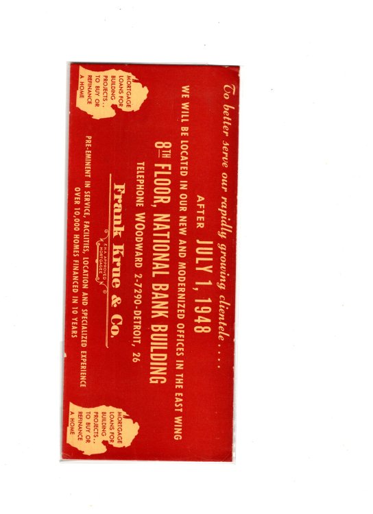 Frank Krue and Company, Detroit, Michigan : ink Blotter with Advertisement for Mortgage Firm, 1948