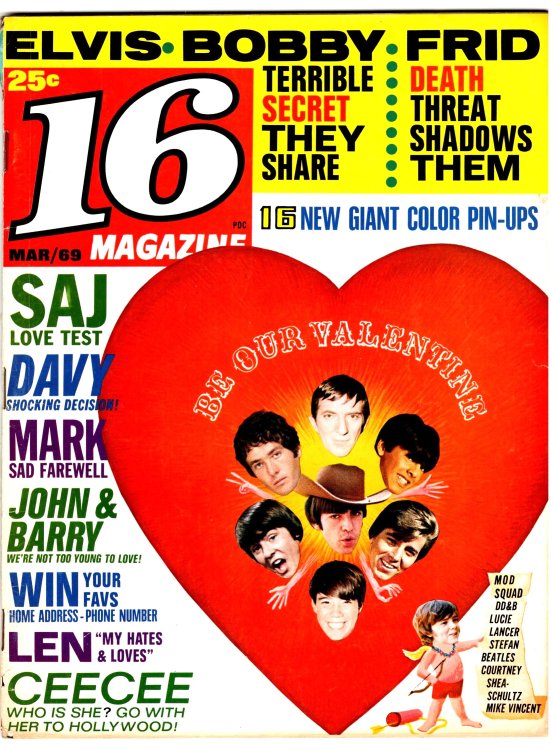 16 Magazine, March 1969 : Elvis, Bobby Sherman, Jonathan Frid, Be Our Valentine