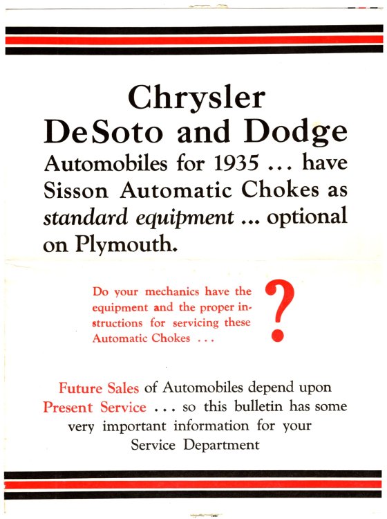 Sisson Automatic Choke : For 1934 and 1935 Chrysler, DeSoto and Dodge Automobiles