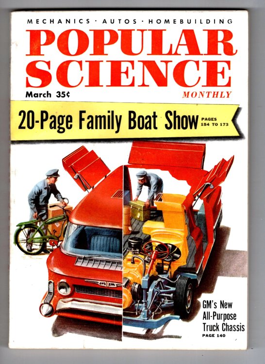 Popular Science Magazine, Mechanics, Autos, Homebuilding, March 1955 : Camper Boats and Pleasure Boats, World's Fastest Railroad, GM's New Panel Trucks, Hot Rods