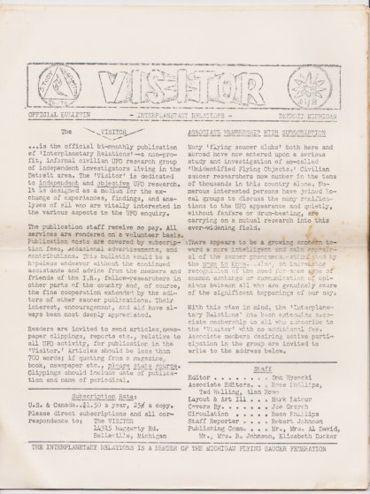 Detroit UFO Research Group : The Visitor, Official Bulletin of the Study Group on Interplanetary Relations, Volume 1, Number 10, May-June 1957