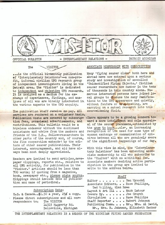 Detroit UFO Research Group : The Visitor, Official Bulletin of the Study Group on Interplanetary Relations, Volume 1, Number 10, May-June 1957