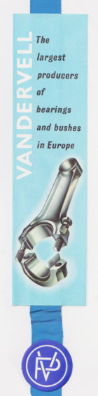 Vandervell Bearings and Brushes : Promotional Ribbon Bookmark, 1960