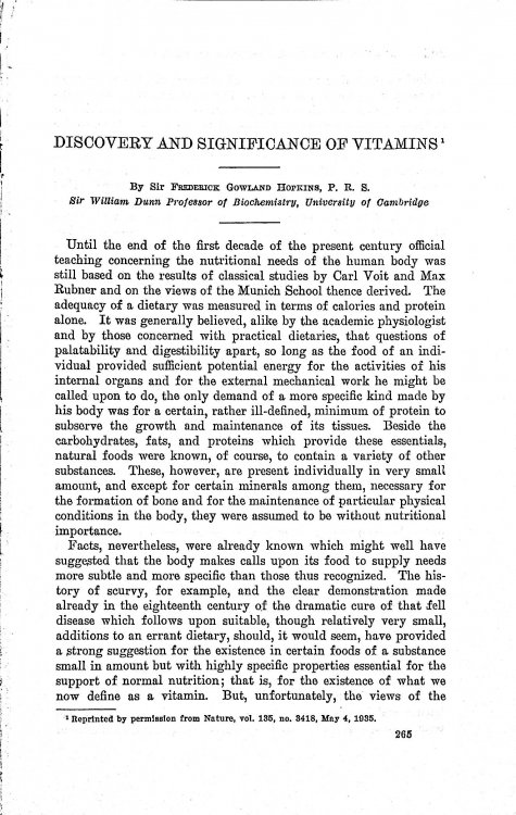 Discovery and significance of vitamins (Annual Report of the Smithsonian Institution, 1935, reprinted from Nature Vol. 135, May 4, 1935)