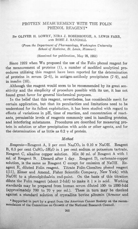 Protein measurement with the folin phenol reagent IN The Journal of Biological Chemistry, Vol. 193, pp 265-275