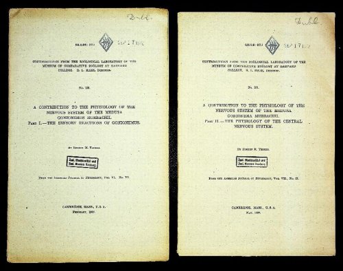 A contribution to the physiology of the nervous system of the medusa Gonionemus murbachii. Part I. The sensory reactions of gonionemus. Part II. The physiology of the central nervous system, OFFPRINTS FROM The American Journal of Physiology, Vole. VI and VII