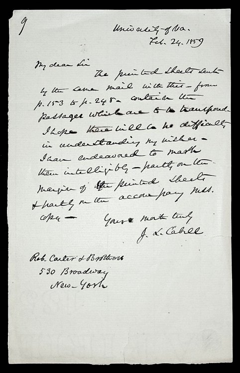 Autograph letter, signed, from James L. Cabell, University of Virginia, Charlottesville to Robert Carter & Brothers, Publishers, New York