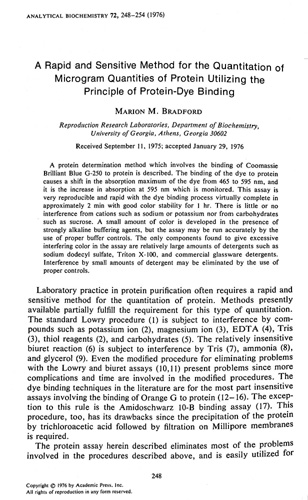 A Rapid and Sensitive Method for the Quantitation of Microgram Quantities of Protein Utilizing the Principle of Protein-Dye Binding, CONTAINED IN Analytica Biochemistry, Vol. 72, pp 248-254