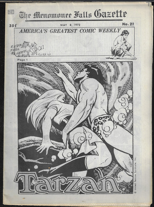 THE MENOMONEE FALLS GAZETTE #21, May 8, 1972 (Tarzan; Modesty Blaise; Secret Agent Corrigan; Jeff Hawke; Dateline: Danger!, James Bond; Rip Kirby; Air Hawk, Flash Gorgon, the Phantom, Superman, Mandrake the Magician, Drift Marlo, Johnny Hazard, Jeff Cobb)