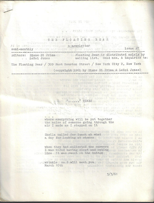 Image for THE FLOATING BEAR, A Newsletter; Issue #7, March, Mar. 3, 1961 (3/3/61) THE FLOATING BEAR, A Newsletter; Issue #7, March, Mar. 3, 1961 (3/3/61)