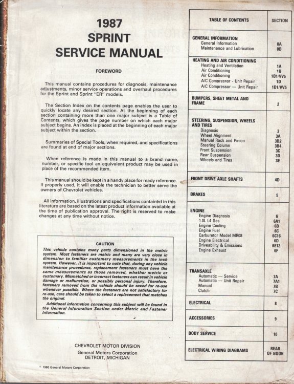 1987 Chevrolet Sprint Service Manual - 3 Volume Set; includes the 