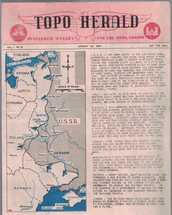 TOPO HERALD (Published Weekly for the SWPA Troops); Vol. 1, No. 8, January 22, 1944