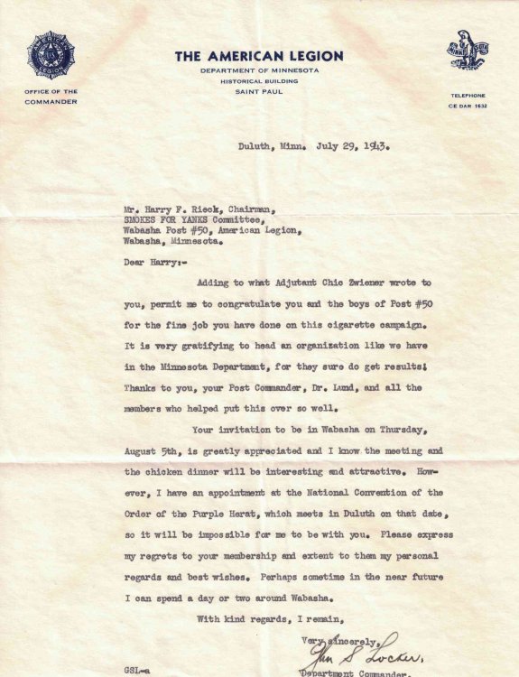 World War 2 Era American Legion Letter [